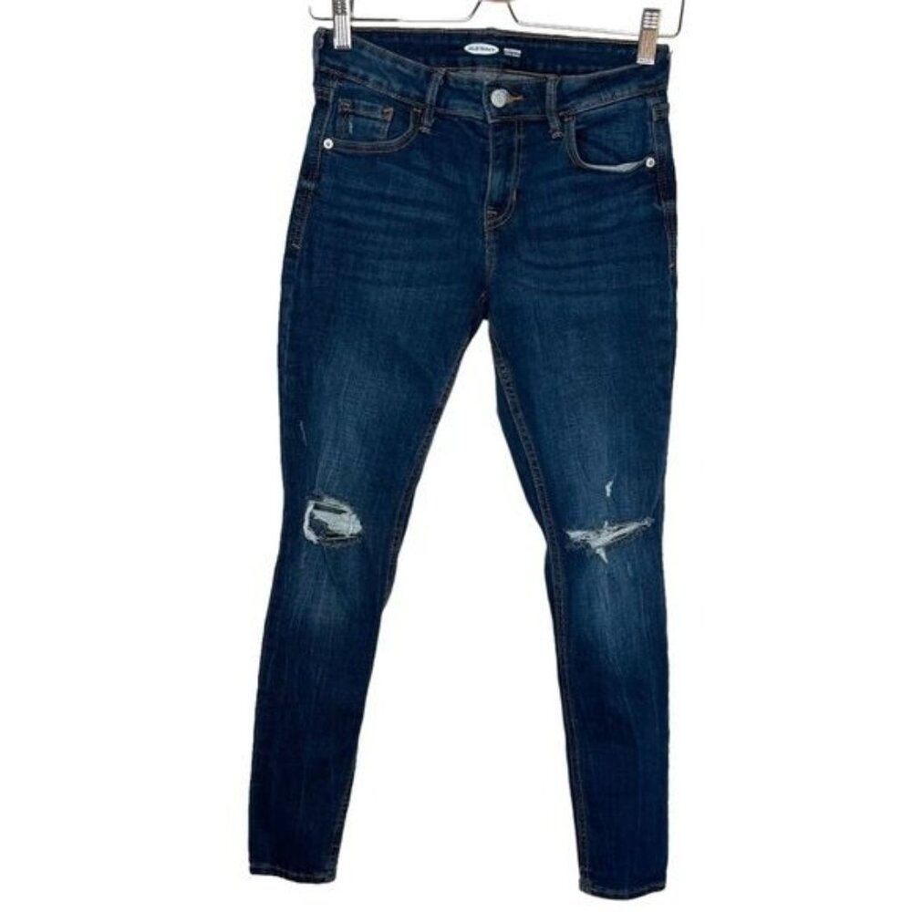 Old navy womens dark wash rockstar super skinny distressed blue jeans size 2 emo